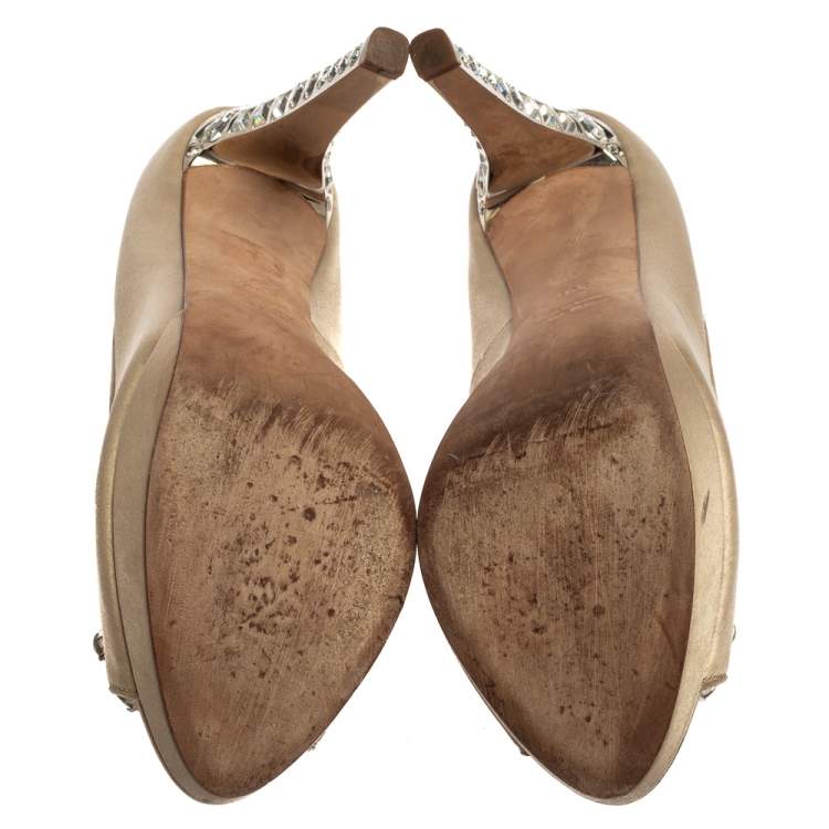 Pre Owned Miu Miu Beige Satin Embellished Peep Toe Pumps Size 39.5