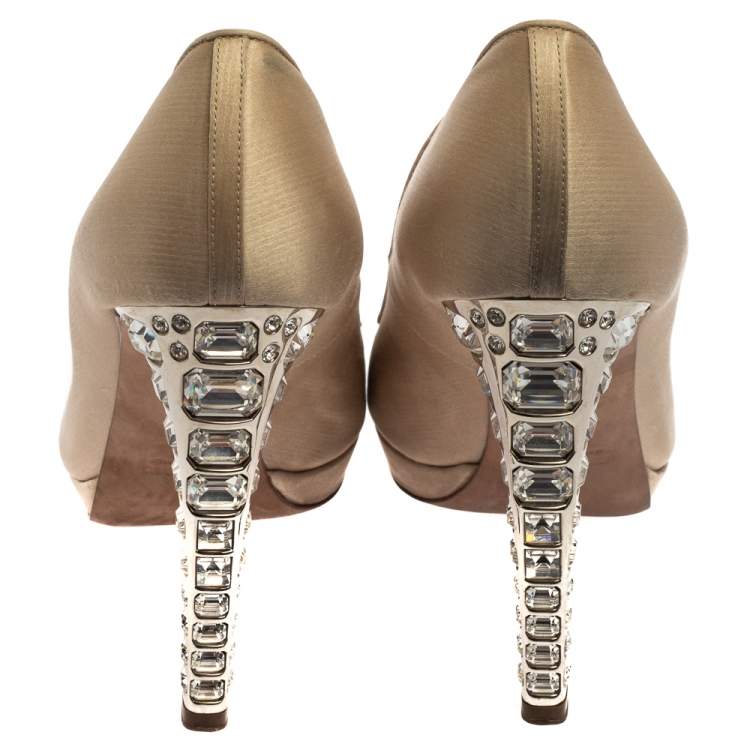 Pre Owned Miu Miu Beige Satin Embellished Peep Toe Pumps Size 39.5