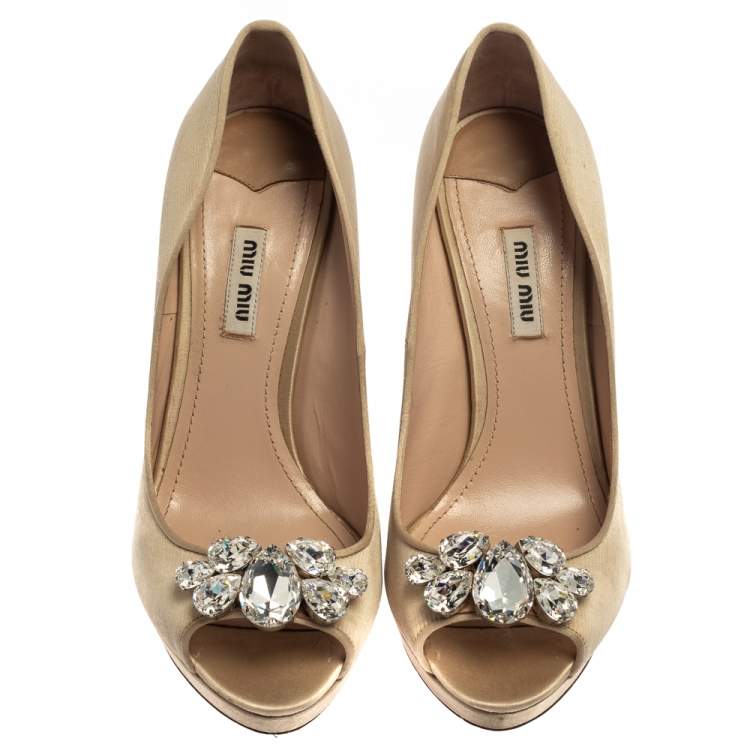 Pre Owned Miu Miu Beige Satin Embellished Peep Toe Pumps Size 39.5