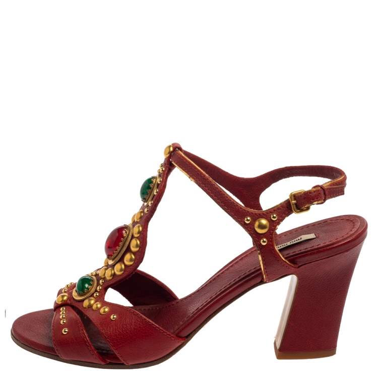 Pre Owned Miu Miu Red Leather Embellished T Strap Sandals Size 39