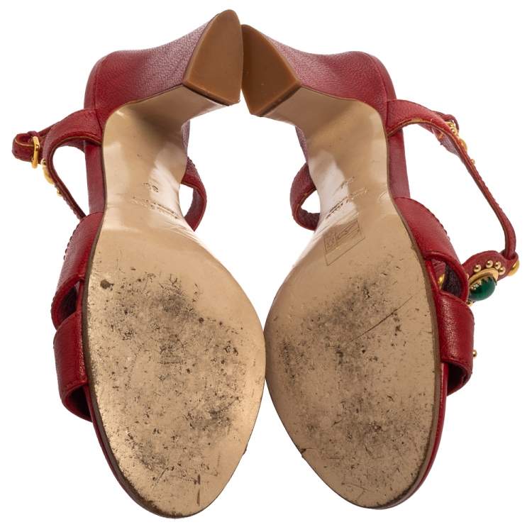 Pre Owned Miu Miu Red Leather Embellished T Strap Sandals Size 39