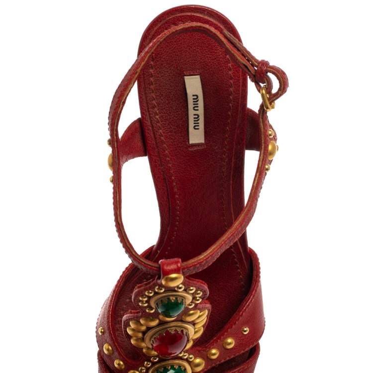 Pre Owned Miu Miu Red Leather Embellished T Strap Sandals Size 39