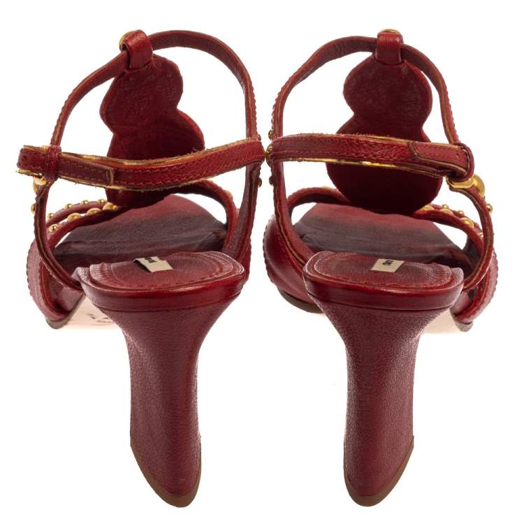 Pre Owned Miu Miu Red Leather Embellished T Strap Sandals Size 39