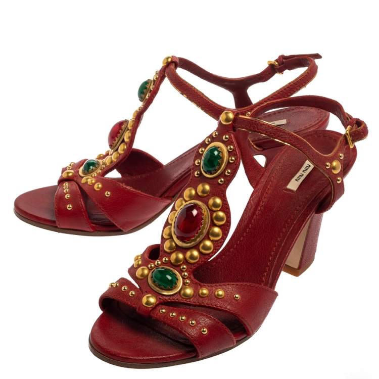 Pre Owned Miu Miu Red Leather Embellished T Strap Sandals Size 39