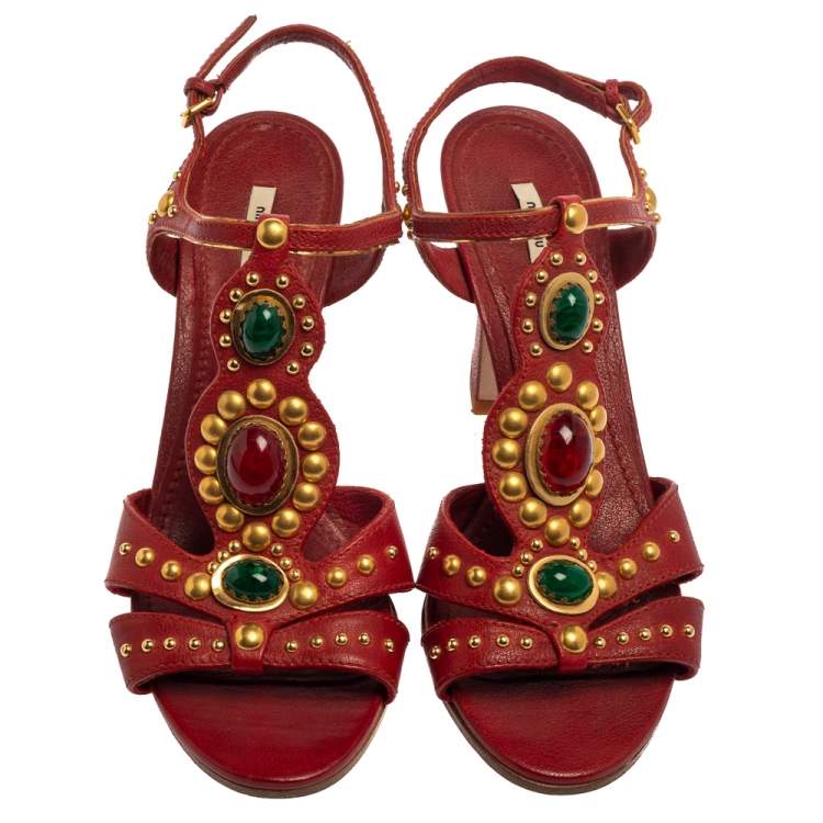 Pre Owned Miu Miu Red Leather Embellished T Strap Sandals Size 39
