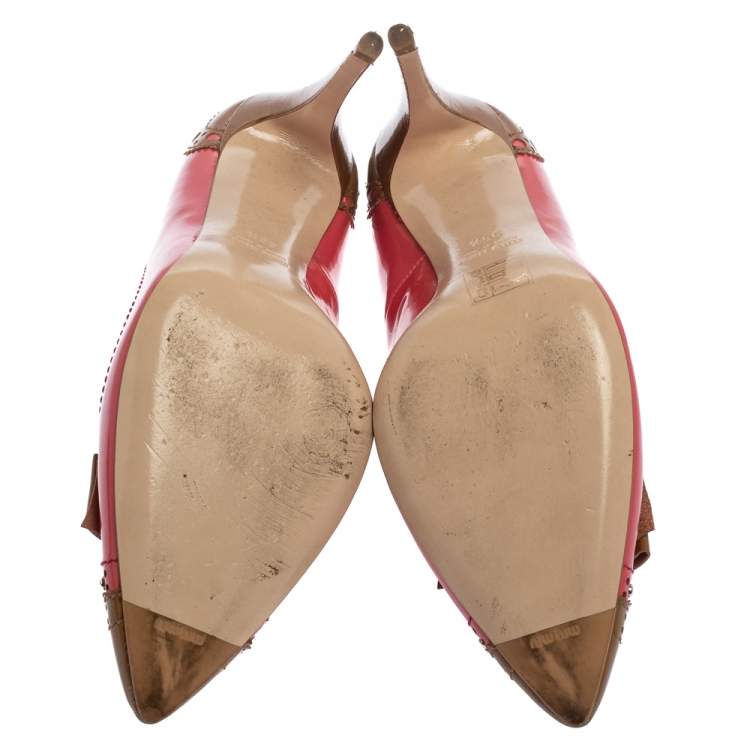 Pre Owned Miu Miu Pink/Brown  Patent Leather Bow Pointed Toe Pumps Size 39.5