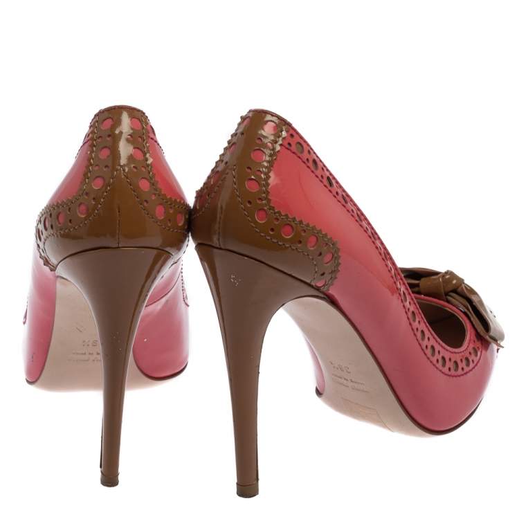Pre Owned Miu Miu Pink/Brown  Patent Leather Bow Pointed Toe Pumps Size 39.5