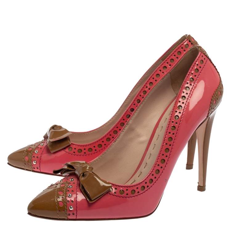 Pre Owned Miu Miu Pink/Brown  Patent Leather Bow Pointed Toe Pumps Size 39.5