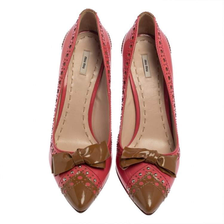 Pre Owned Miu Miu Pink/Brown  Patent Leather Bow Pointed Toe Pumps Size 39.5