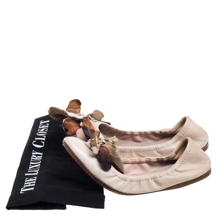 Pre Owned Miu Miu Beige Leather Embellished  Flats Size 38