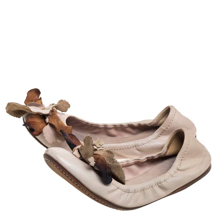 Pre Owned Miu Miu Beige Leather Embellished  Flats Size 38