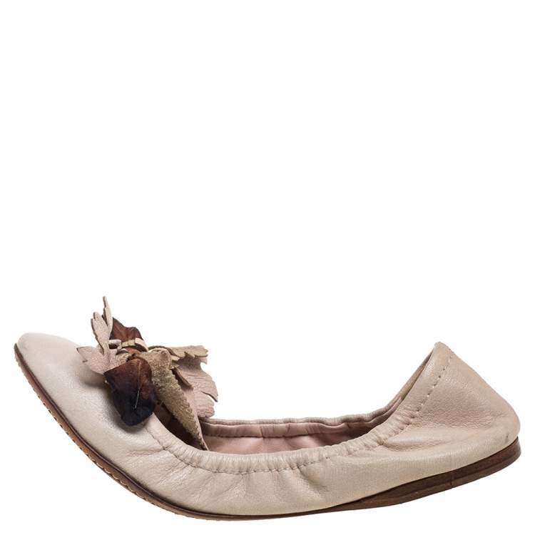 Pre Owned Miu Miu Beige Leather Embellished  Flats Size 38