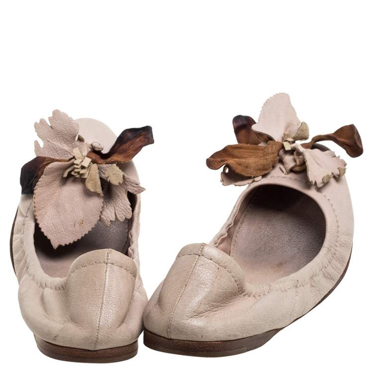 Pre Owned Miu Miu Beige Leather Embellished  Flats Size 38