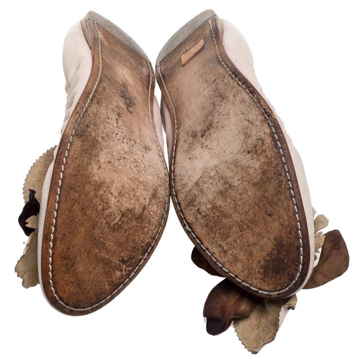 Pre Owned Miu Miu Beige Leather Embellished  Flats Size 38