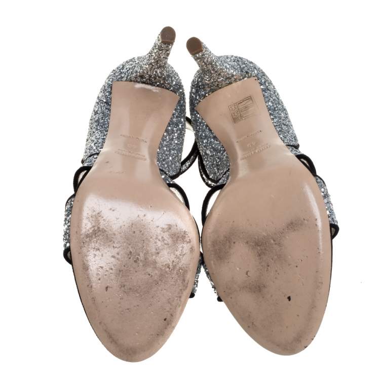 مملوكة مسبقًا Miu Miu Silver Coarse Glitter And Suede Trims Open Toe Ankle Strap Sandals Size 40