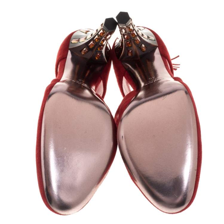 Pre Owned Miu Miu Red Suede Cut Out Embellished Heel Round Toe Pumps Size 40