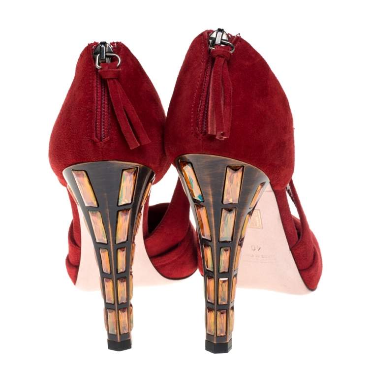 Pre Owned Miu Miu Red Suede Cut Out Embellished Heel Round Toe Pumps Size 40