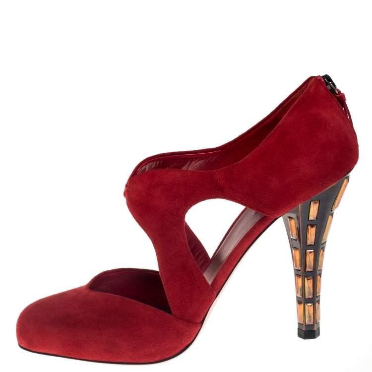 Pre Owned Miu Miu Red Suede Cut Out Embellished Heel Round Toe Pumps Size 40
