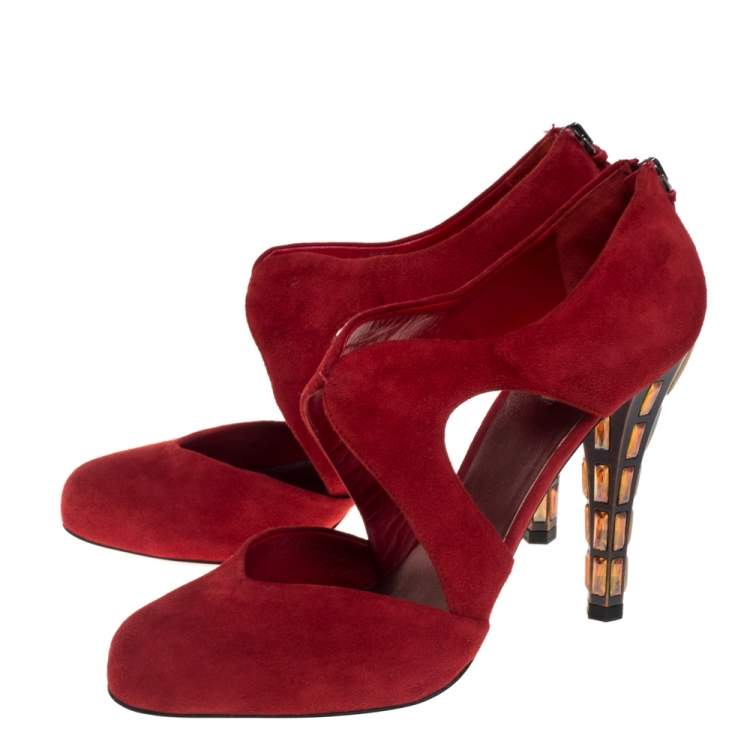 Pre Owned Miu Miu Red Suede Cut Out Embellished Heel Round Toe Pumps Size 40