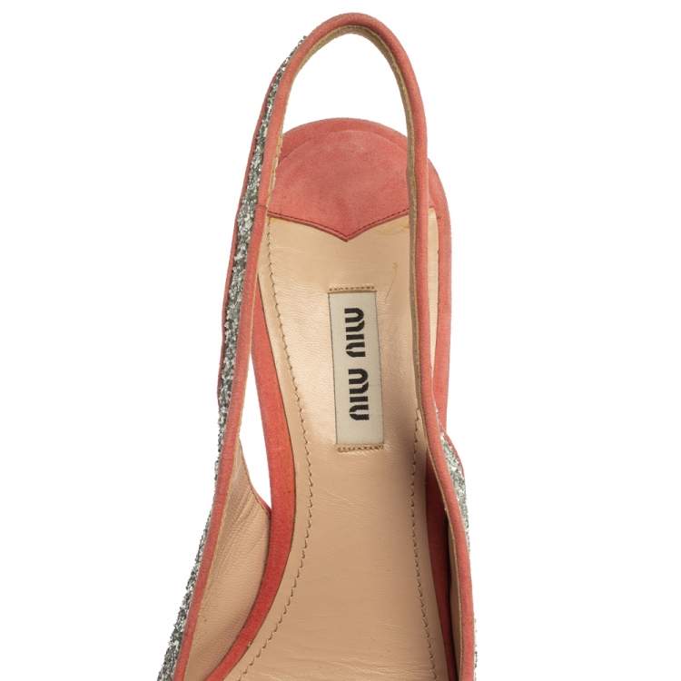 Pre Owned Miu Miu Pink/Silver Glitter And Suede Peep Toe Sandals Size 40