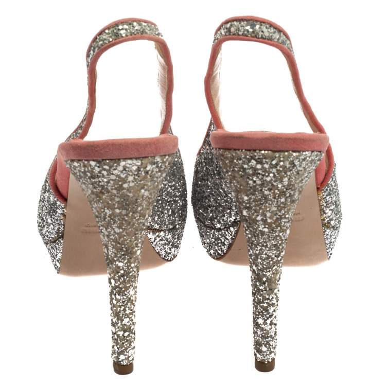 Pre Owned Miu Miu Pink/Silver Glitter And Suede Peep Toe Sandals Size 40