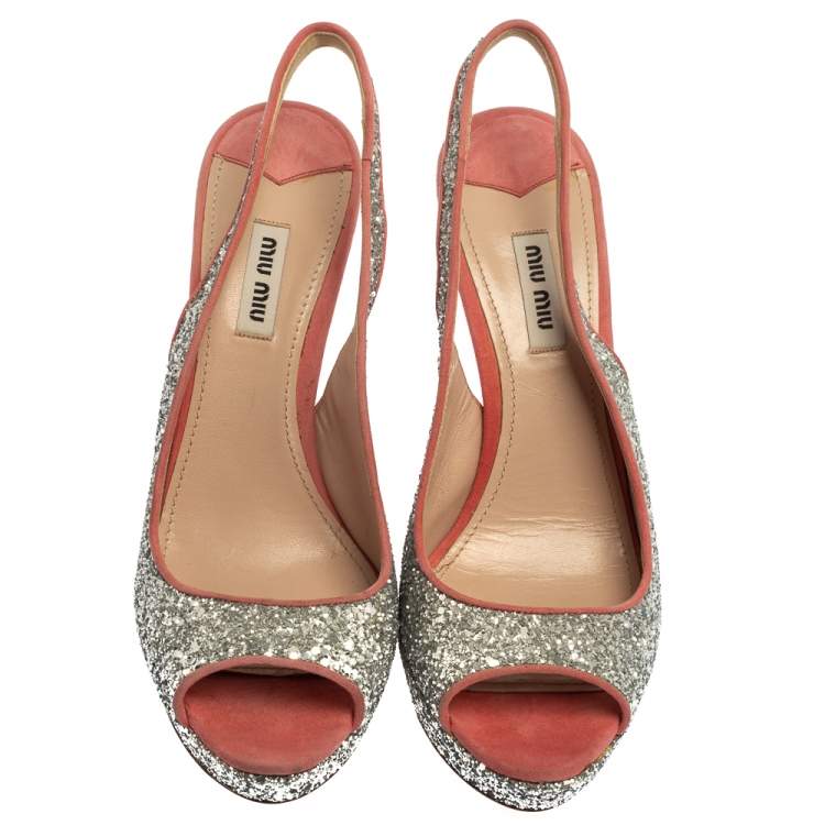 Pre Owned Miu Miu Pink/Silver Glitter And Suede Peep Toe Sandals Size 40