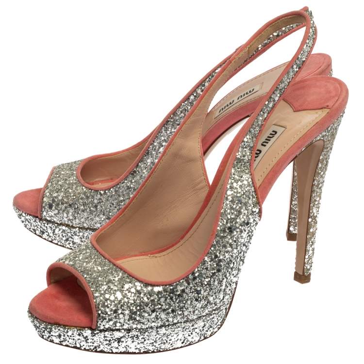 Pre Owned Miu Miu Pink/Silver Glitter And Suede Peep Toe Sandals Size 40