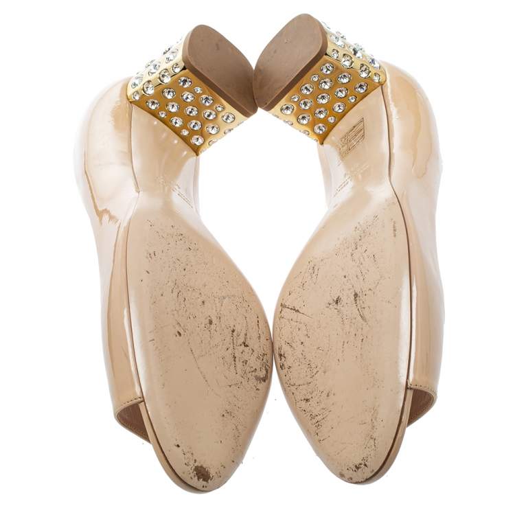 Pre Owned Miu Miu Beige Patent Leather Crystal Embellished Heel Pumps Size 40.5