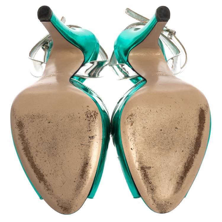 Pre Owned Miu Miu Green/Black  Leather Ankle Strap  Peep-Toe Sandals Size 40