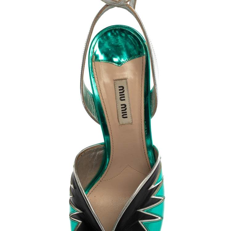 Pre Owned Miu Miu Green/Black  Leather Ankle Strap  Peep-Toe Sandals Size 40