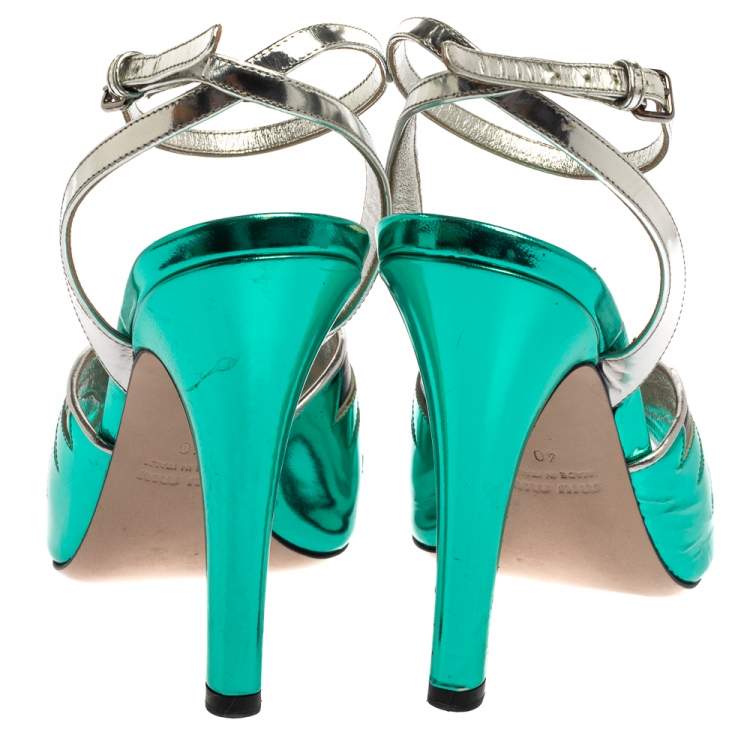 Pre Owned Miu Miu Green/Black  Leather Ankle Strap  Peep-Toe Sandals Size 40
