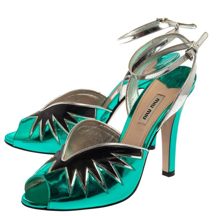 Pre Owned Miu Miu Green/Black  Leather Ankle Strap  Peep-Toe Sandals Size 40