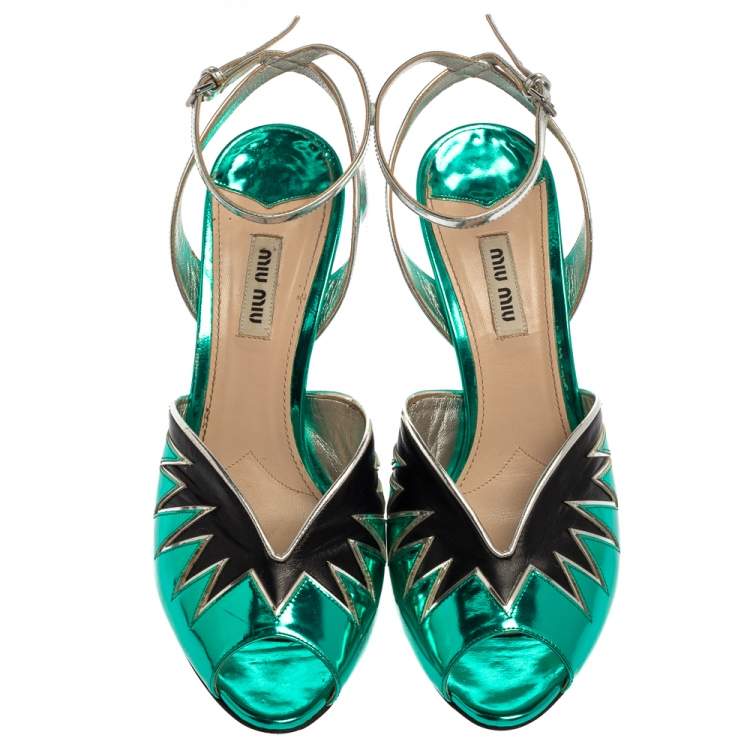 Pre Owned Miu Miu Green/Black  Leather Ankle Strap  Peep-Toe Sandals Size 40