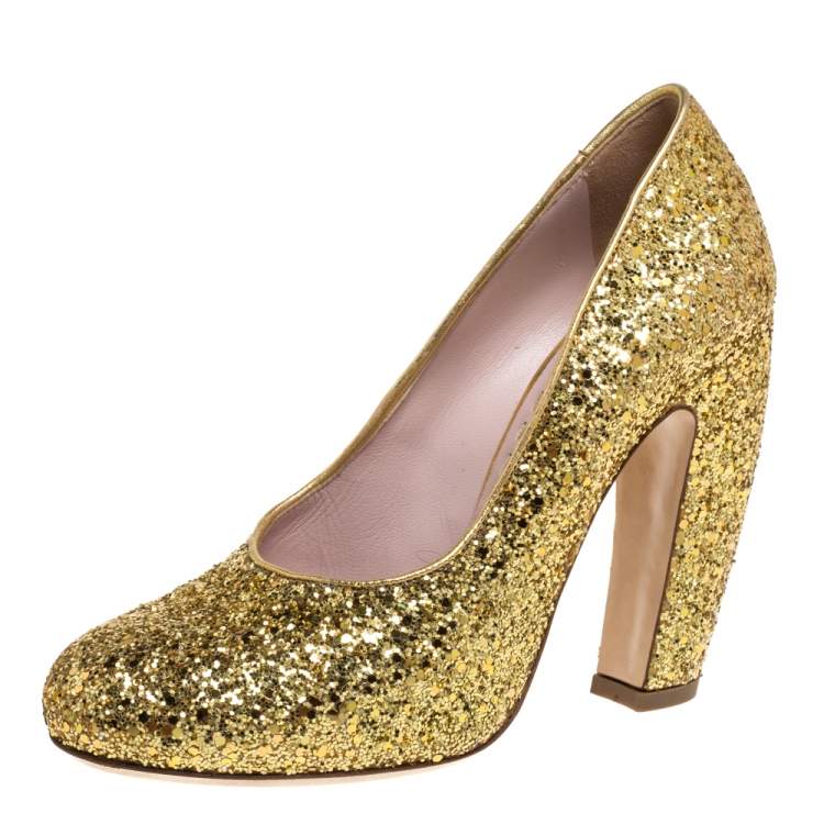 Miu Miu Gold Glitter Curved Heel Pumps Size 37 Miu Miu | The Luxury Closet