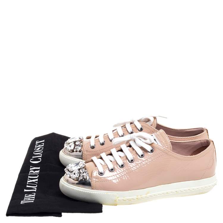 Pre Owned Miu Miu Beige Patent Leather Crystal Embellished Low Top Sneakers Size 37