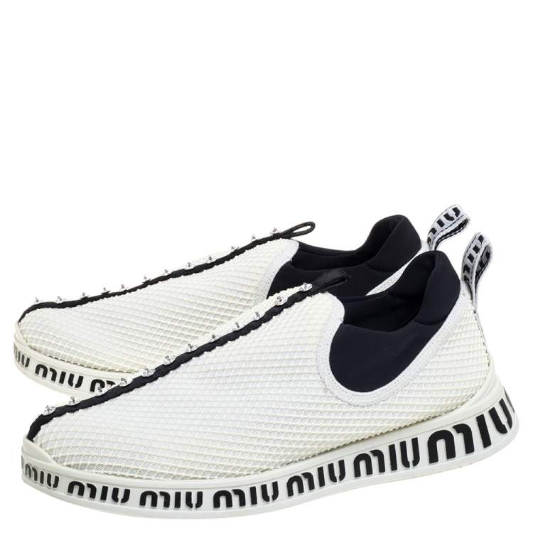 Pre Owned Miu Miu White Mesh Crystal Embellished Slip On Sneakers Size 39.5