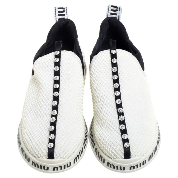 Pre Owned Miu Miu White Mesh Crystal Embellished Slip On Sneakers Size 39.5