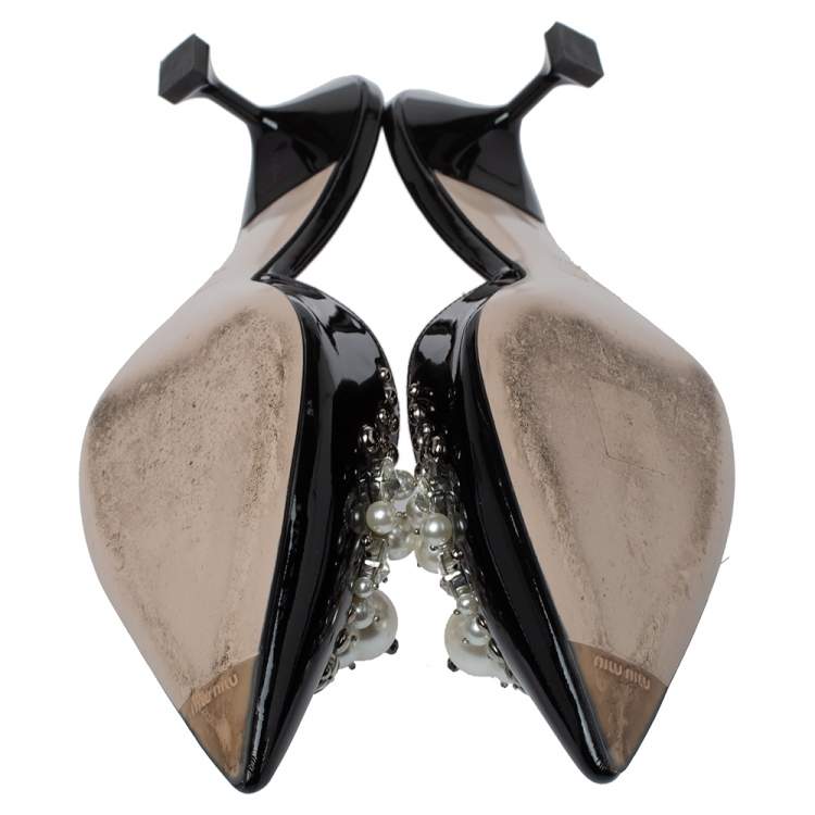 Pre Owned Miu Miu Black Patent Leather Embellished Pointed Toe Mules Size 39.5 