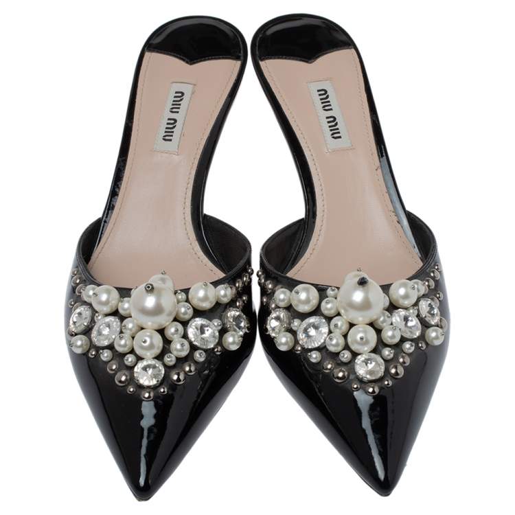 Pre Owned Miu Miu Black Patent Leather Embellished Pointed Toe Mules Size 39.5 