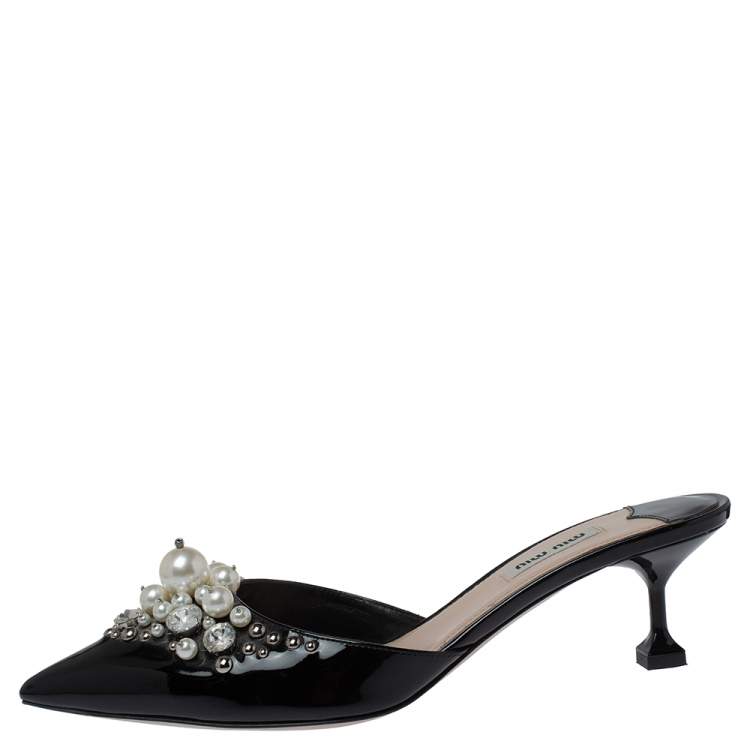 Pre Owned Miu Miu Black Patent Leather Embellished Pointed Toe Mules Size 39.5 