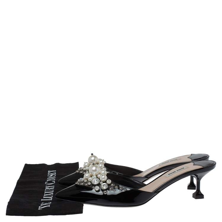 Pre Owned Miu Miu Black Patent Leather Embellished Pointed Toe Mules Size 39.5 