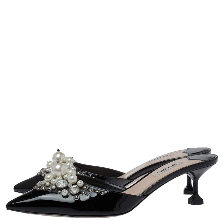 Pre Owned Miu Miu Black Patent Leather Embellished Pointed Toe Mules Size 39.5 