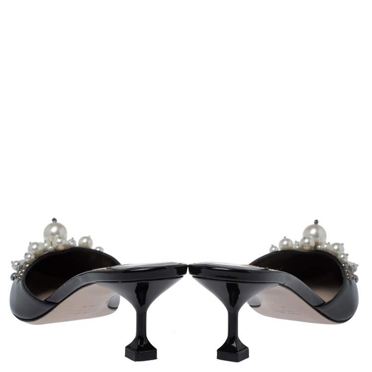 Pre Owned Miu Miu Black Patent Leather Embellished Pointed Toe Mules Size 39.5 