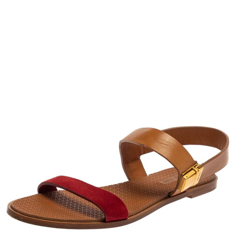 Pre Owned Miu Miu Tan/Red Leather Slingback Flat Sandals Size 41