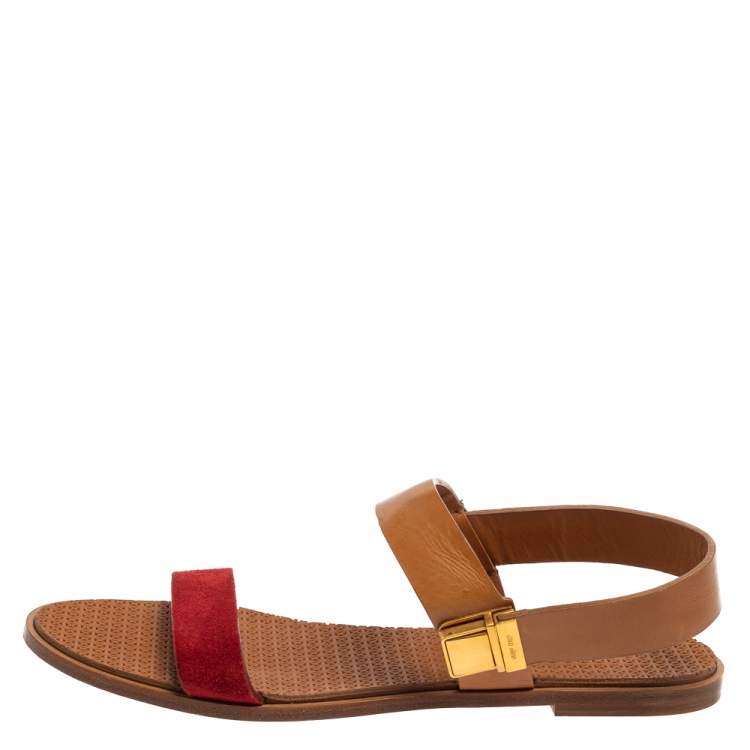 Pre Owned Miu Miu Tan/Red Leather Slingback Flat Sandals Size 41