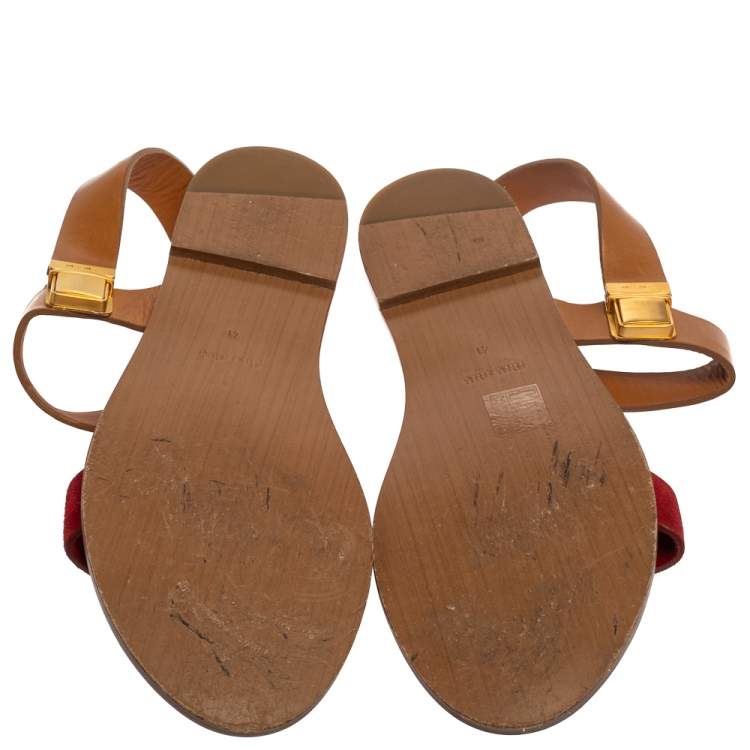 Pre Owned Miu Miu Tan/Red Leather Slingback Flat Sandals Size 41