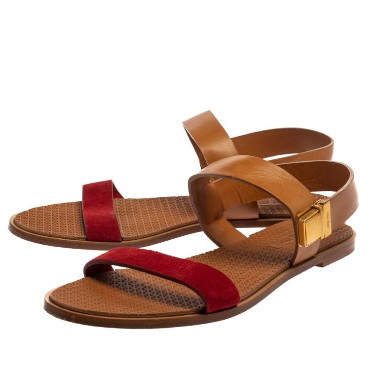 Pre Owned Miu Miu Tan/Red Leather Slingback Flat Sandals Size 41