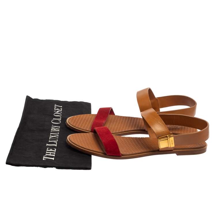 Pre Owned Miu Miu Tan/Red Leather Slingback Flat Sandals Size 41