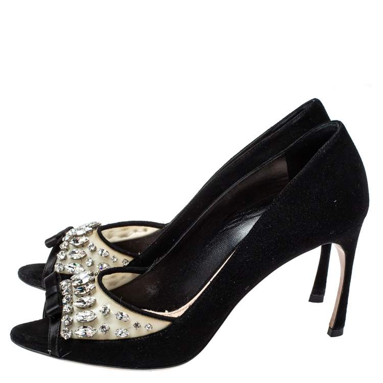 مملوكة مسبقًا Miu Miu Black Crystal Embellished PVC and Suede Peep Toe Pumps Size 38.5