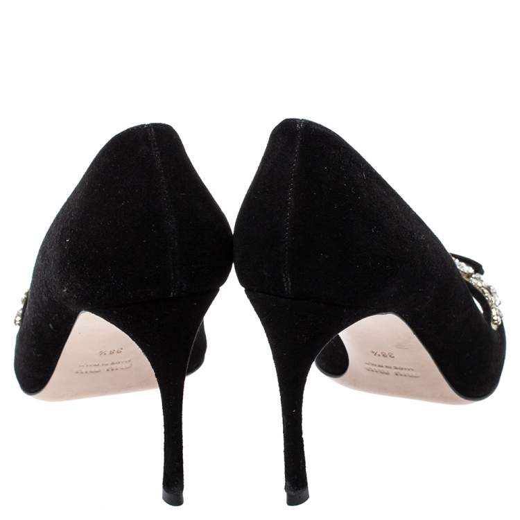 مملوكة مسبقًا Miu Miu Black Crystal Embellished PVC and Suede Peep Toe Pumps Size 38.5